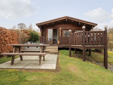 A wooden cabin with a deck and picnic table in a grassy yard at Snowy Owl Lodge in Rhayader