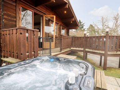 A hot tub with two white mugs on the edge on a wooden deck outside a wooden cabin at Snowy Owl Lodge in Rhayader