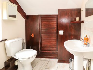 A bathroom with a toilet sink mirror cabinet and wooden paneling at Walnut Tree Cottage in Catfield