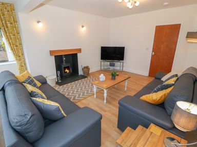 A living room with two dark sofas a wooden coffee table a fireplace and a television at Berth in Afonwen near Criccieth