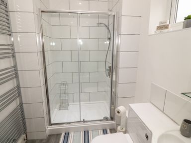 A bathroom with a glass shower enclosure a toilet and a metal towel rack at Berth in Afonwen near Criccieth