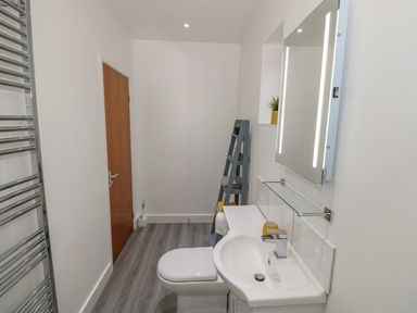 A bathroom with a sink toilet ladder shelf and mirror at Berth in Afonwen near Criccieth