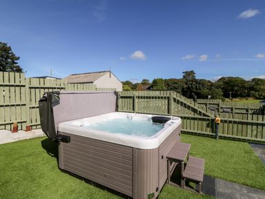 An outdoor hot tub with steps on artificial grass near a wooden fence at Berth in Afonwen near Criccieth