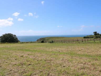 A grassy field with a fence and trees overlooking the ocean at Rospletha Bungalow in Treen