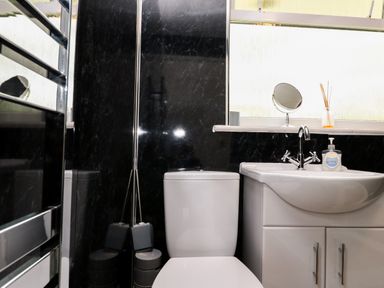 A bathroom with a white toilet and sink with cabinet under a frosted window at 17 River Banks in Liskeard