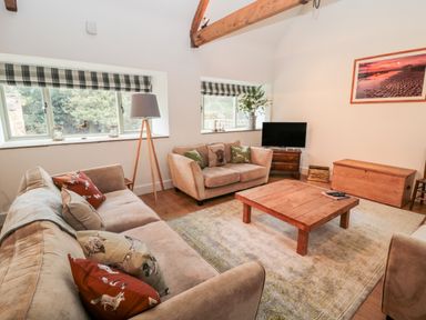 A living room with two sofas a wooden coffee table a floor lamp a television and windows with checkered blinds at The Old Workshop in Middleton near Belford