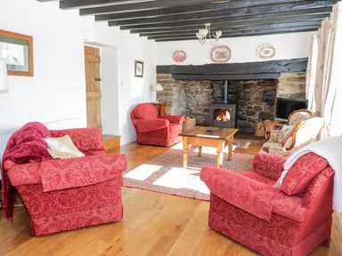 A living room with red armchairs a wooden coffee table a stone fireplace and a television at Tyn Llwyn in Pencoed near Corwen