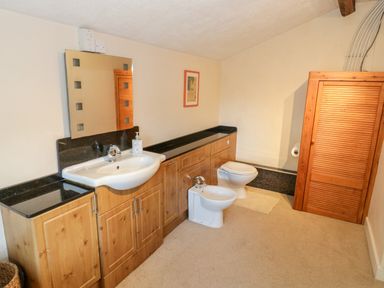 A bathroom with wooden cabinets a sink a bidet a toilet and a wooden door at Tyn Llwyn in Pencoed near Corwen