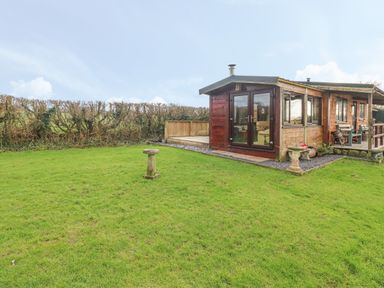 A wooden cabin with glass doors and windows surrounded by grass and hedges at Sarngwm in Narberth