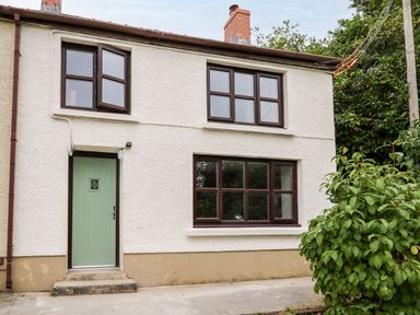 Exterior of a two story house with textured walls green door and brown framed windows with plants nearby at Fisherman's Cottage in Llandysul