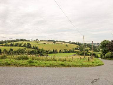 A rural road with grassy fields and rolling hills in the background at Fisherman's Cottage in Llandysul