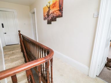 A hallway with a wooden bannister carpeted stairs and a deer picture on the wall at The Vale in Ashwater