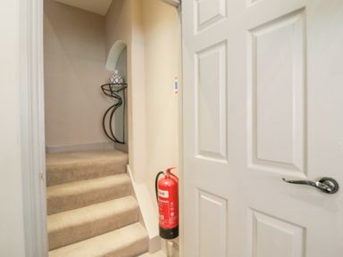 A hallway with carpeted stairs, a fire extinguisher mounted on the wall, a metal decorative table with a vase, and a white door with a handle
