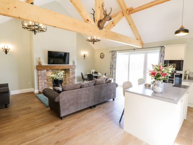 A living room with a gray sofa and mounted TV above brick fireplace with flowers on hearth at Stag Cottage at Broadings Farm in Whitby