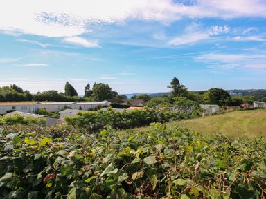 A grassy field with shrubs and several houses or caravans under a partly cloudy sky at Oakland Cottage in Summerhill near Saundersfoot