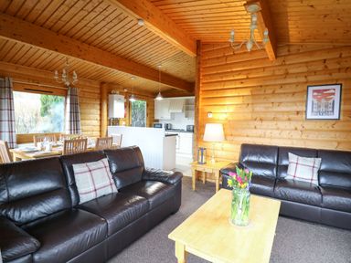 A living room with brown leather sofas and a wooden coffee table with flowers and a dining area with wooden chairs and a kitchen in the background at Valley View in Rhayader