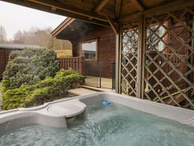 An outdoor hot tub with water and bubbles under a wooden gazebo next to a wooden cabin with bushes around at Valley View in Rhayader