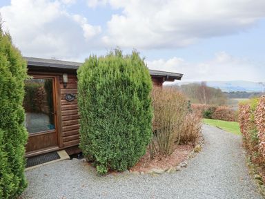A gravel path leading to a wooden door with number 10 surrounded by green bushes and trees at Valley View in Rhayader
