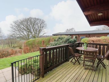 A wooden deck with a table and four chairs and flowers on the table overlooking a garden with trees and hedges at Valley View in Rhayader