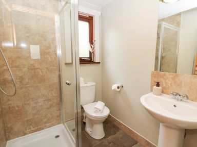 A bathroom with a shower, toilet, and sink at Mountain View in Rhayader