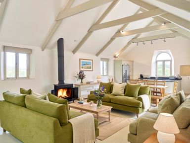 A living room with green sofas a wooden coffee table a fireplace and a kitchen area at Garden House in Cornworthy