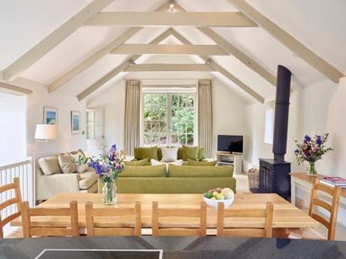 A living room with green sofas a wooden dining table with flowers and fruit a wood stove and a television at Garden House in Cornworthy
