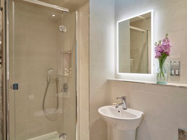 A bathroom with a glass shower enclosure a pedestal sink a lighted mirror and a vase with flowers at Garden House in Cornworthy