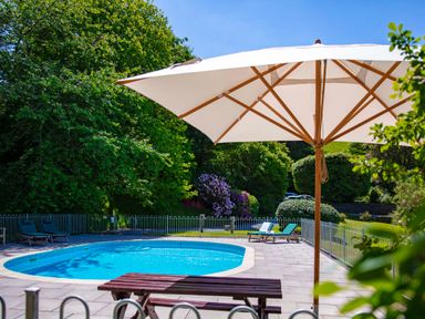 A swimming pool with deck chairs and a large umbrella surrounded by trees and bushes at Garden House in Cornworthy