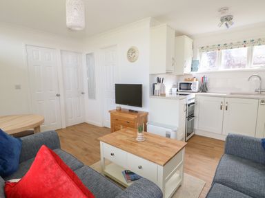 A small living area with blue sofas red and blue cushions a wooden coffee table and kitchen with white cabinets at Pebbles in Cromer