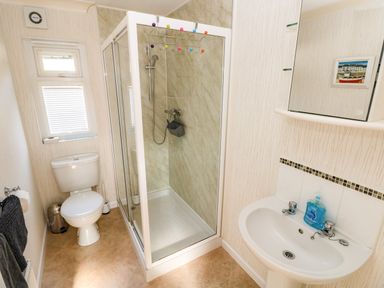 A bathroom with a toilet a shower cubicle and a sink with a mirror cabinet at Jules @ 79 in Stepaside