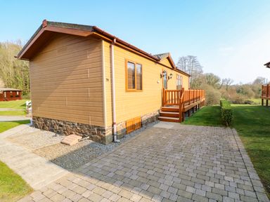 A detached wooden lodge with a small porch and steps on a paved driveway with grass around at Jules at 79 in Stepaside
