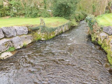 A stream flowing between mossy stone walls with grass and trees on both sides at Jules @ 79 in Stepaside
