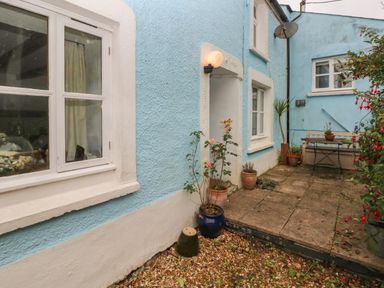 A small courtyard with blue walls and white framed windows with potted plants and a bench at Pant y FFynnon in St Davids