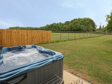 An outdoor hot tub next to a wooden fence and grassy yard with trees in the background at Buttercups at Midway in Kington