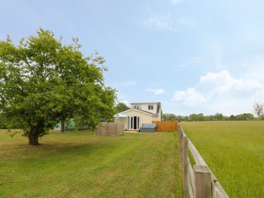 A garden with a large tree a fenced backyard and a house in the background at Buttercups at Midway in Kington