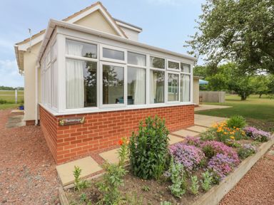 A patio garden with flowers and shrubs next to a brick conservatory at Buttercups at Midway in Kington