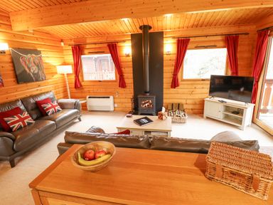 A living room with leather sofas cushions with union jack on a coffee table and a wood stove at Great Leap in Louth