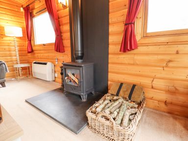 A wooden room with a black wood stove on a black hearth a basket of firewood two windows with red curtains a white heater a floor lamp and a small side table at Great Leap in Louth