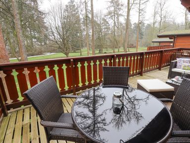 An outdoor wooden deck with a round glass table and wicker chairs overlooking trees and grass at Great Leap in Louth