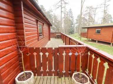 A wooden deck with potted plants and a railing outside a wooden cabin at Great Leap in Louth
