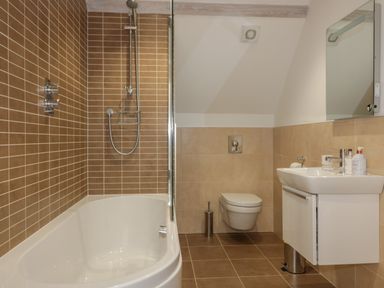 A bathroom with a bathtub and shower area a toilet and a sink with a mirror at Stores & Supplies in Bodmin