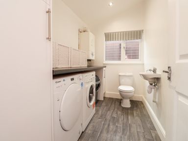 A utility room with a washing machine, dryer, toilet, and small sink at Sparrows Den Lodge in Winchelsea Beach