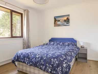 A bedroom with a blue floral bedspread a bedside table with a lamp and a window showing trees at Three Jays in Lanreath