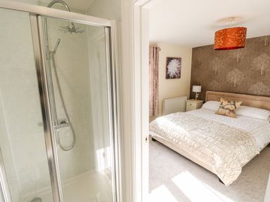 A bedroom with a bed a nightstand and a lamp next to a bathroom with a shower at Mountain Farm in Broad Haven