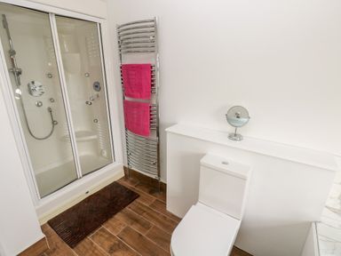A bathroom with a shower enclosure toilet a heated towel rail with pink towels and a small round mirror at Mountain Farm in Broad Haven