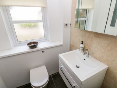 A bathroom with a toilet under a frosted window and a sink with a mirror cabinet above at Mountain Farm in Broad Haven