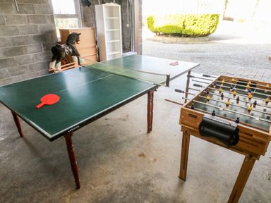 A game room with a ping pong table and foosball table and a rocking horse at Mountain Farm in Broad Haven