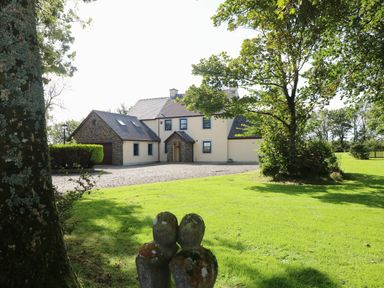 A detached house with a garage surrounded by lawn and trees at Mountain Farm in Broad Haven