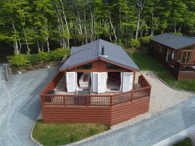 A wooden cabin with a fenced deck and open doors surrounded by trees at Lodge 11 in Tavistock