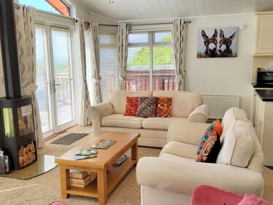 A living room with two beige sofas a wooden coffee table a wood burner and large windows at Lodge 11 in Tavistock